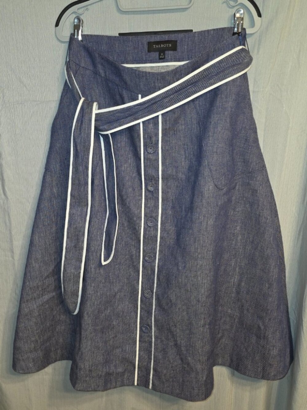 Talbots Midi Skirt Denim Blue Piping Linen Cotton Clean Girl Chambray Pockets